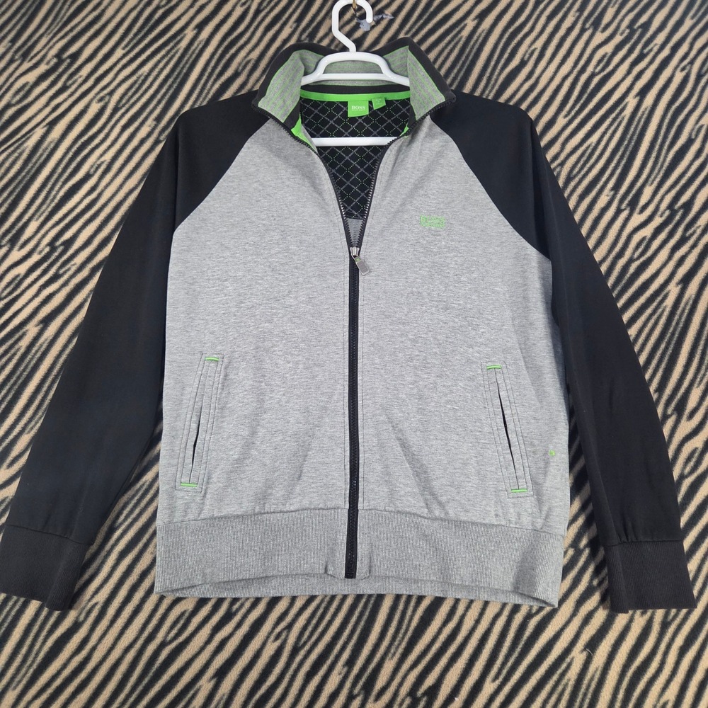 BOSS Hugo Boss Green Label Full Zip Track Jacket Gray Black Neon Green Mens L